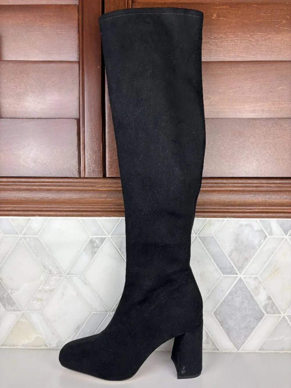 10.5 Sam Edelman Cosette Sueded Black Knee High Block Heel Square Toe Boot Zip